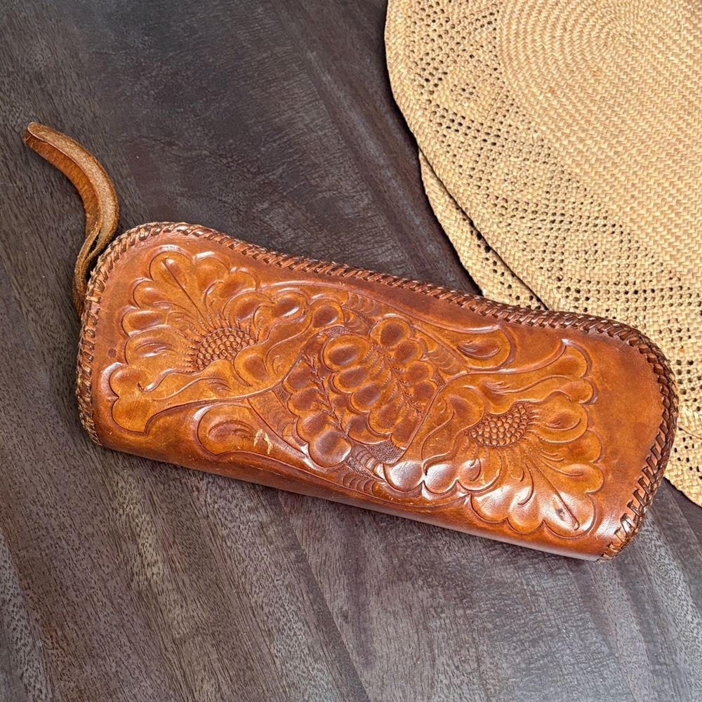 Vintage Mexican Embossed  Hand Tooled Leather Wristlet Clutch